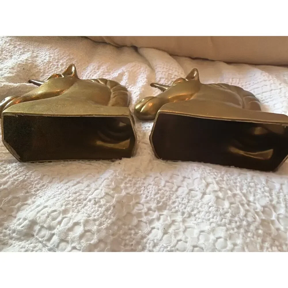 Vintage Brass Unicorn Head Bookends Pair Mid Century Fantasy Decor Heavy Metal